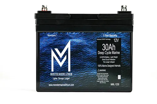 12v 30Ah Deep Cycle Lithium Marine Battery ’Badger’ - Bluetooth - MML-1230B