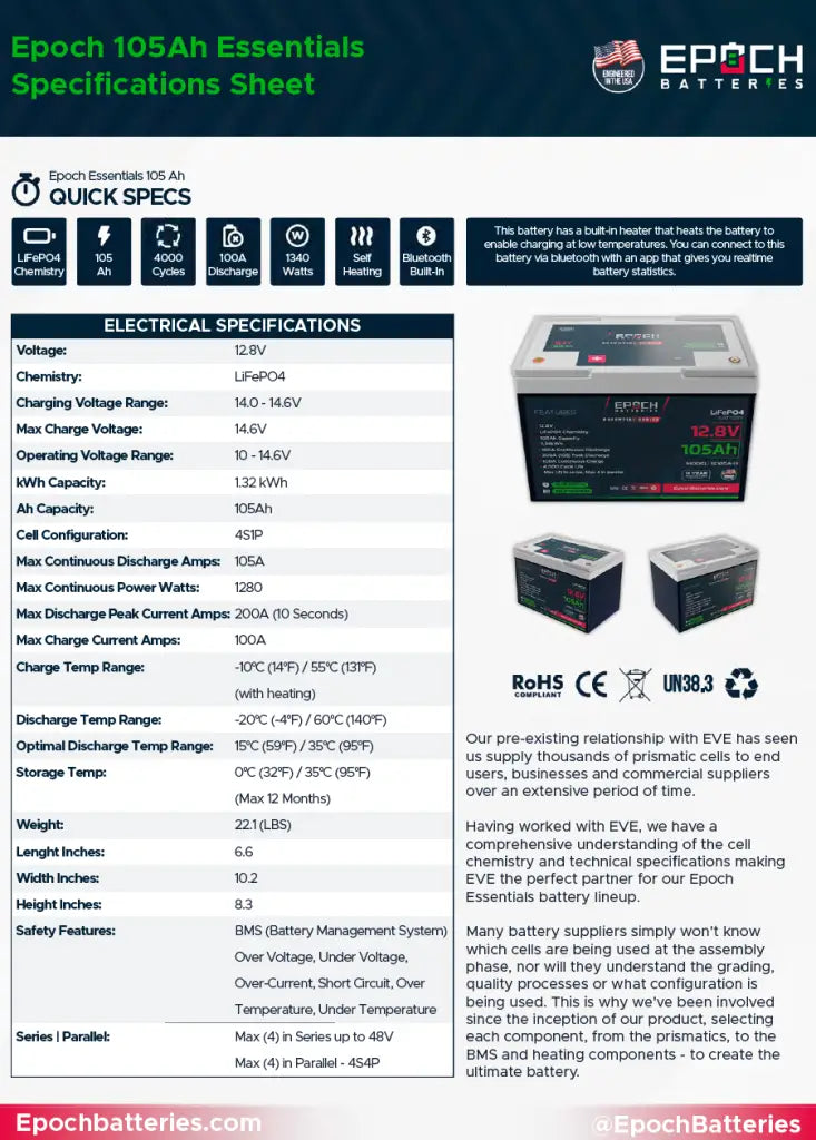 Epoch 12V 105Ah Bluetooth LiFePO4 Heated Battery