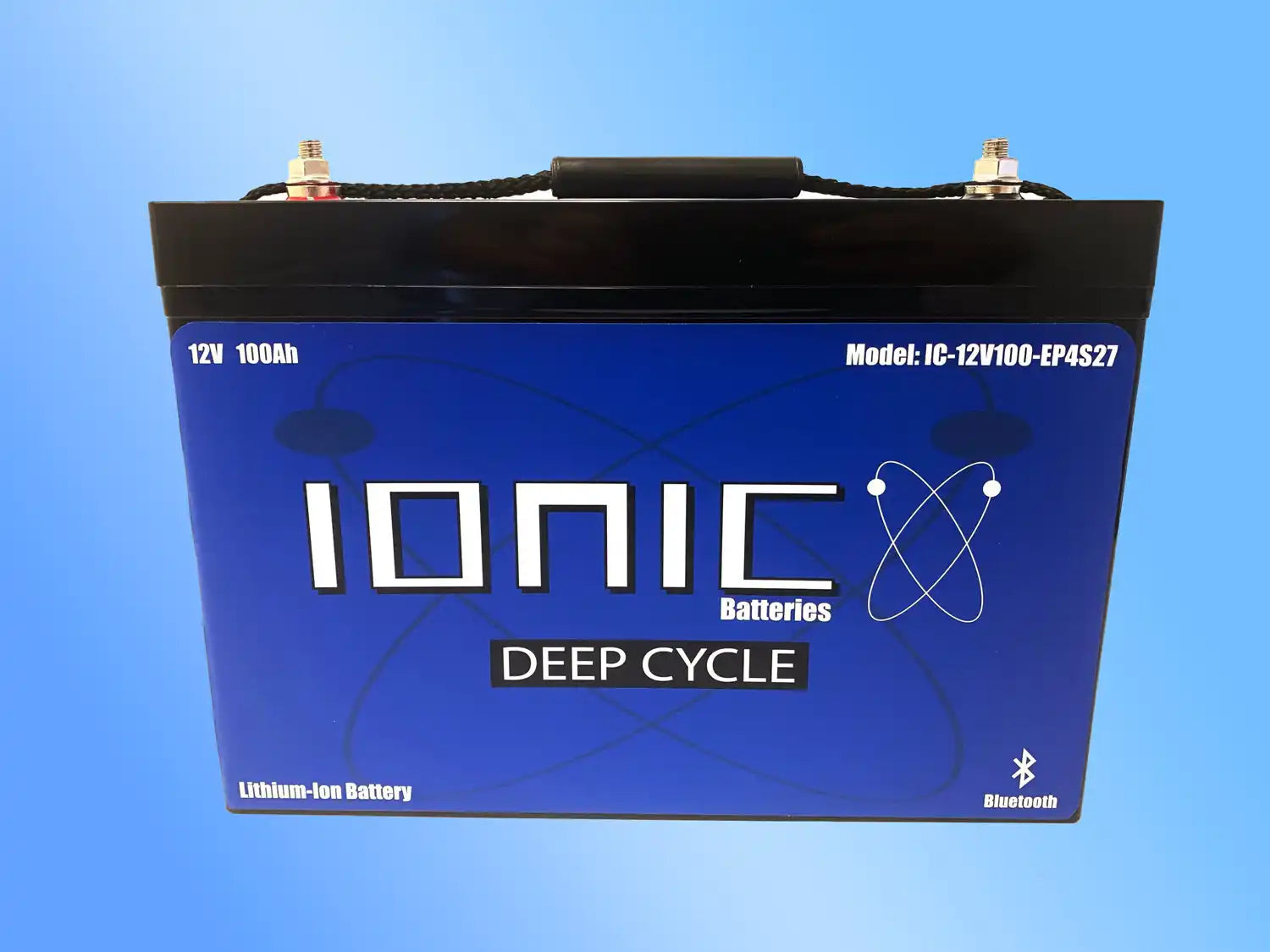 Black Ionic deep cycle lithium-ion battery with blue and white lettering.