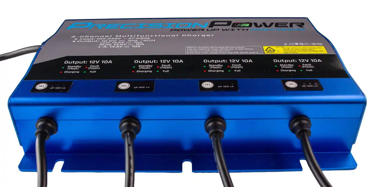 Blue and black power supply unit with multiple output ports and control buttons.