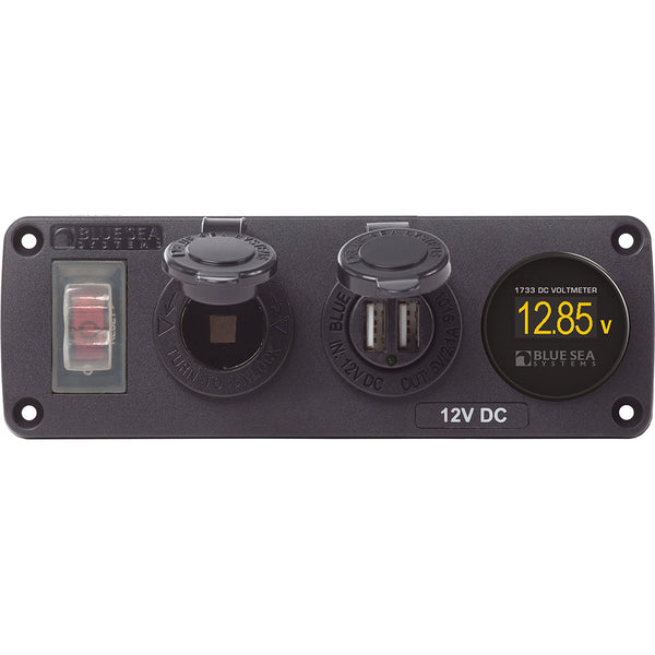 Blue Sea 4366 Water Resistant USB Accessory Panel - Circuit Breaker 12V Socket Dual USB Charger Mini Voltmeter [4366]