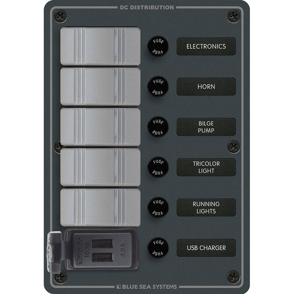 Blue Sea 8121 - 5 Position Contura Switch Panel w/Dual USB Chargers - 12/24V DC - Black [8121] - Electrical Panels