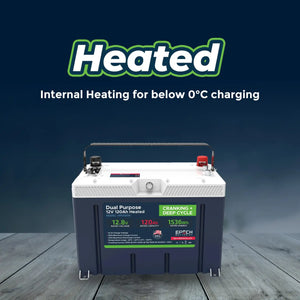 Dual-purpose heated battery with internal heating capability for cold weather charging.