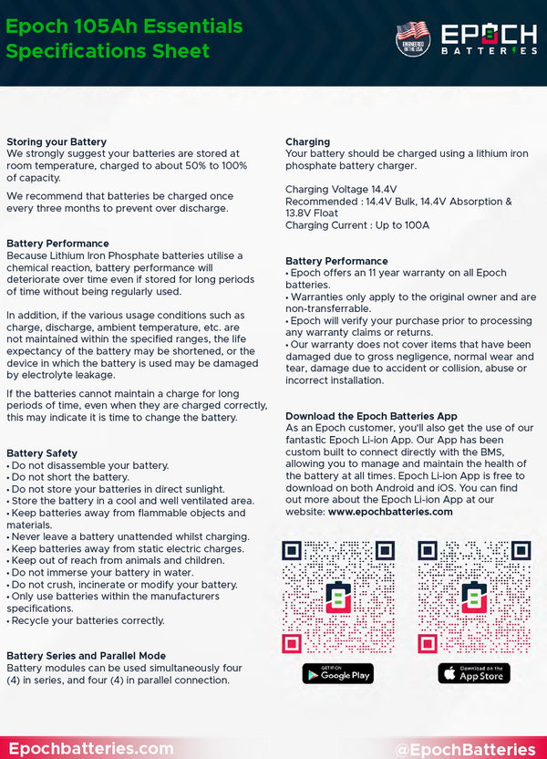 Epoch 12V 105Ah Bluetooth LiFePO4 Heated Battery