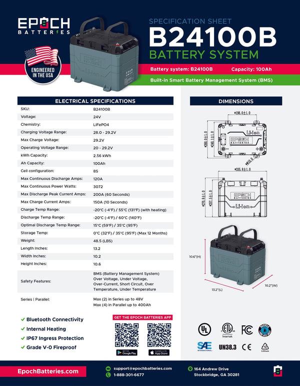 Epoch 24V 50Ah Heated Bluetooth LiFePO4 Battery