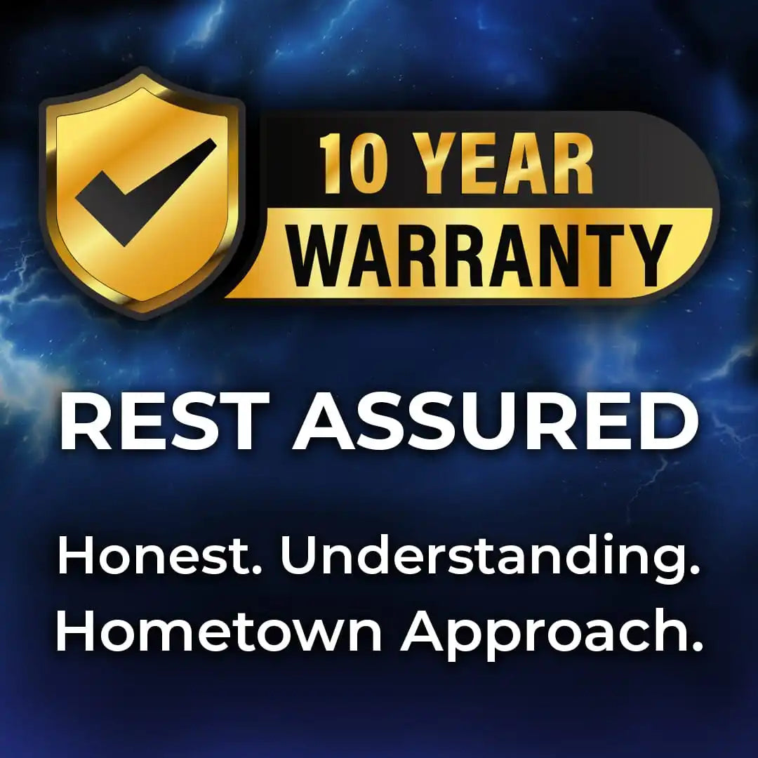 Golden shield badge with a checkmark displaying ’10 YEAR WARRANTY’ text.