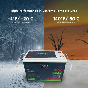 Lithium battery rated for extreme temperature performance from -4°F to 140°F (-20°C to 60°C).