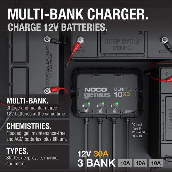 NOCO Genius GENPRO10X3 3-Bank 30-Amp (10-Amp Per Bank) Fully-Automatic Smart Marine Charger 12V Onboard Battery Charger