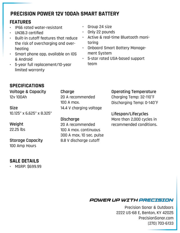 Precision Power Lithium 12V 100Ah Deep Cycle Smart Battery - Lithium Battery