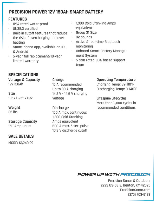 Precision Power Lithium 12V 150Ah Multi-Purpose Cranking Smart Battery - Lithium Battery