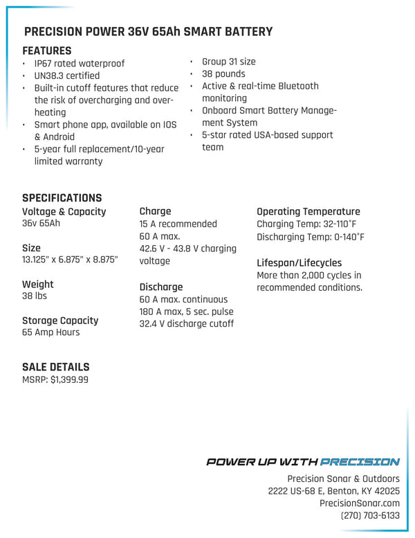 Precision Power Lithium 36V 65Ah Deep Cycle Smart Battery - Lithium Battery